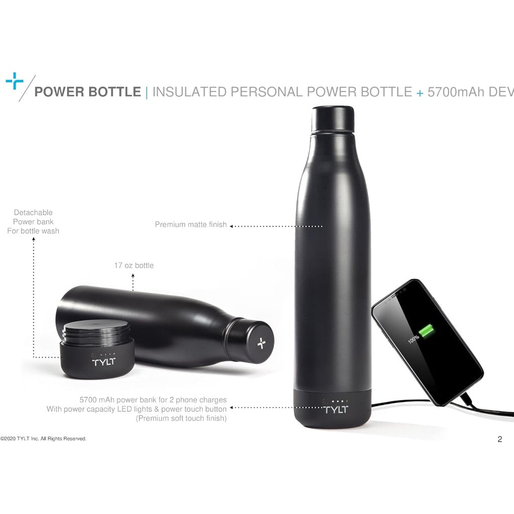 TYLT All-in-One Stainless Steel Water Bottle & 5700 MAH Portable Power Bank - Black, 17oz