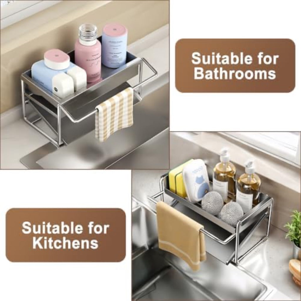 Kitchen Sink Sponge Rack, Self Draining Kitchen Sink Storage Rack - Gray