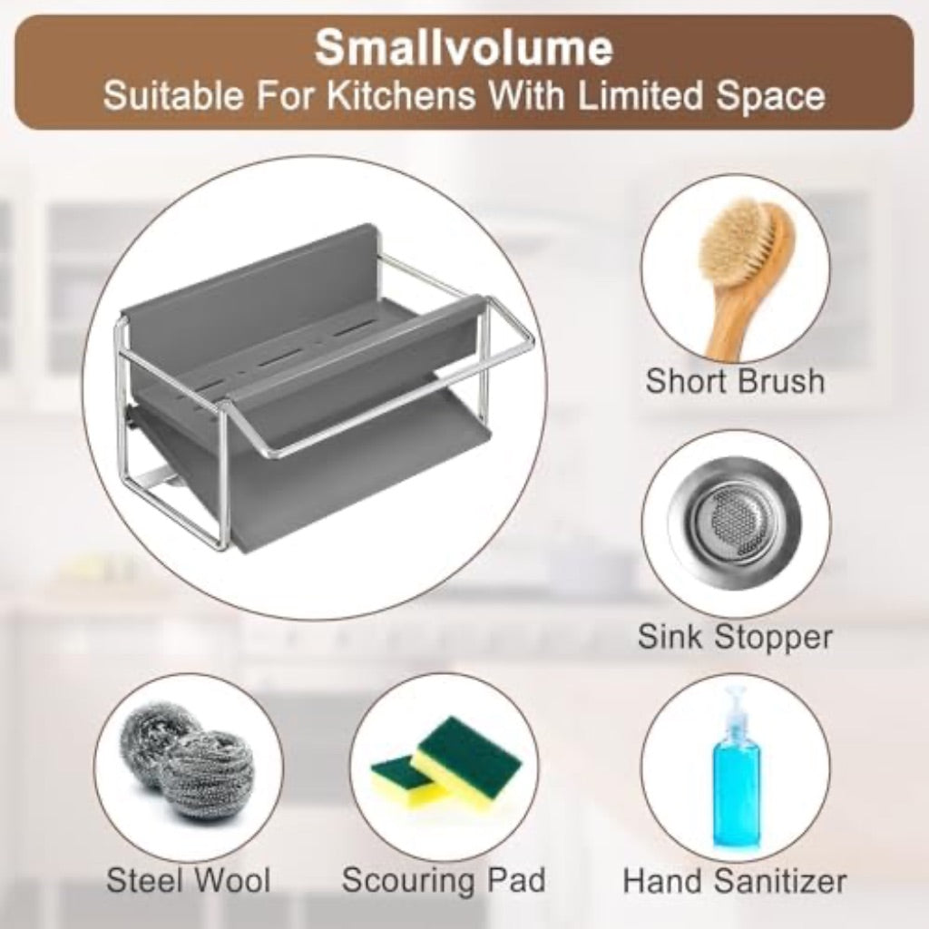 Kitchen Sink Sponge Rack, Self Draining Kitchen Sink Storage Rack - Gray