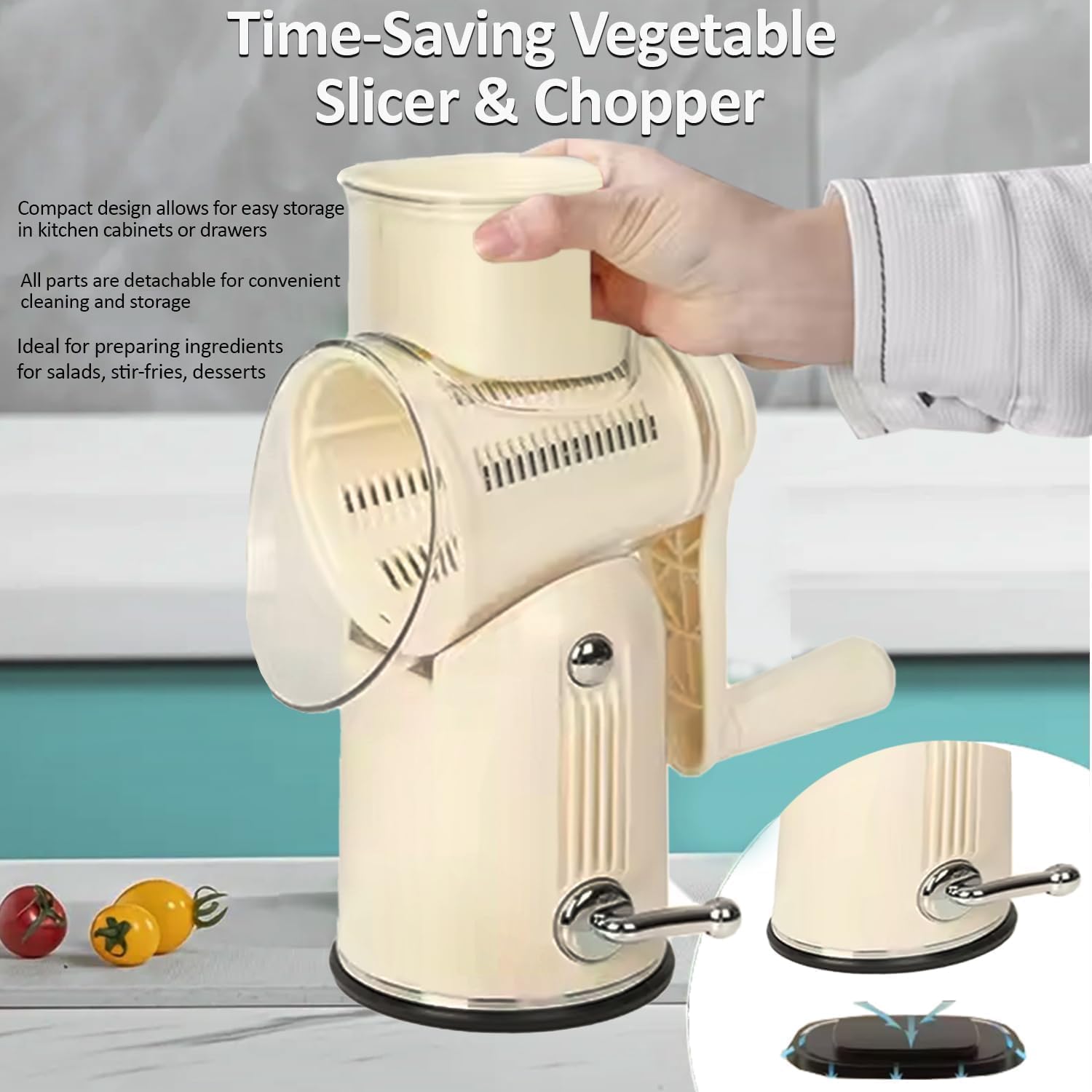 Chef Power Rotary Cheese Grater and Vegetable Chopper/Slicer with Handle - Beige