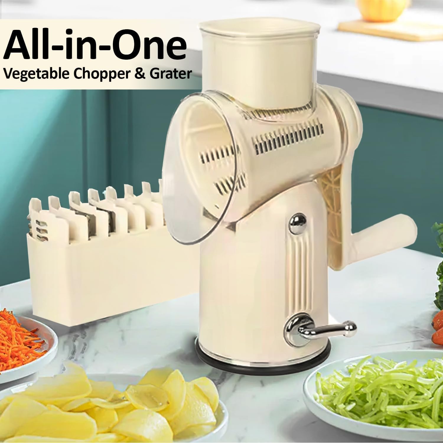 Chef Power Rotary Cheese Grater and Vegetable Chopper/Slicer with Handle - Beige