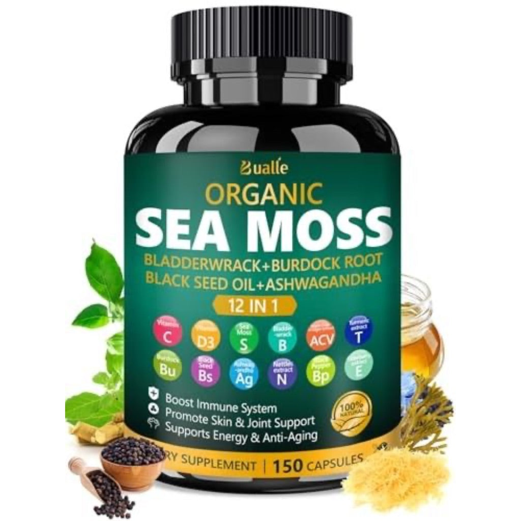 Bualle Organic Sea Moss Capsules with Sea Moss, Black Seed Oil, Ashwagandha, Ginger, 150ct.