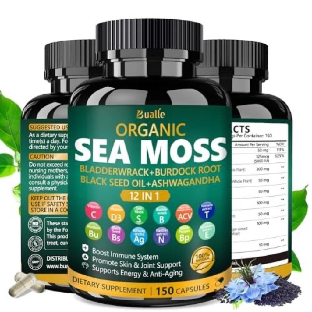Bualle Organic Sea Moss Capsules with Sea Moss, Black Seed Oil, Ashwagandha, Ginger, 150ct.
