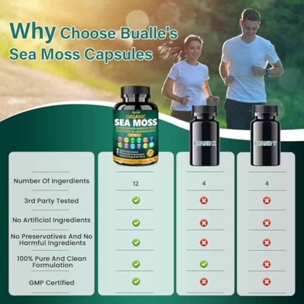 Bualle Organic Sea Moss Capsules with Sea Moss, Black Seed Oil, Ashwagandha, Ginger, 150ct.