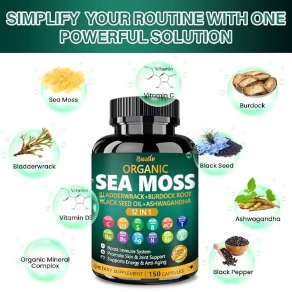 Bualle Organic Sea Moss Capsules with Sea Moss, Black Seed Oil, Ashwagandha, Ginger, 150ct.