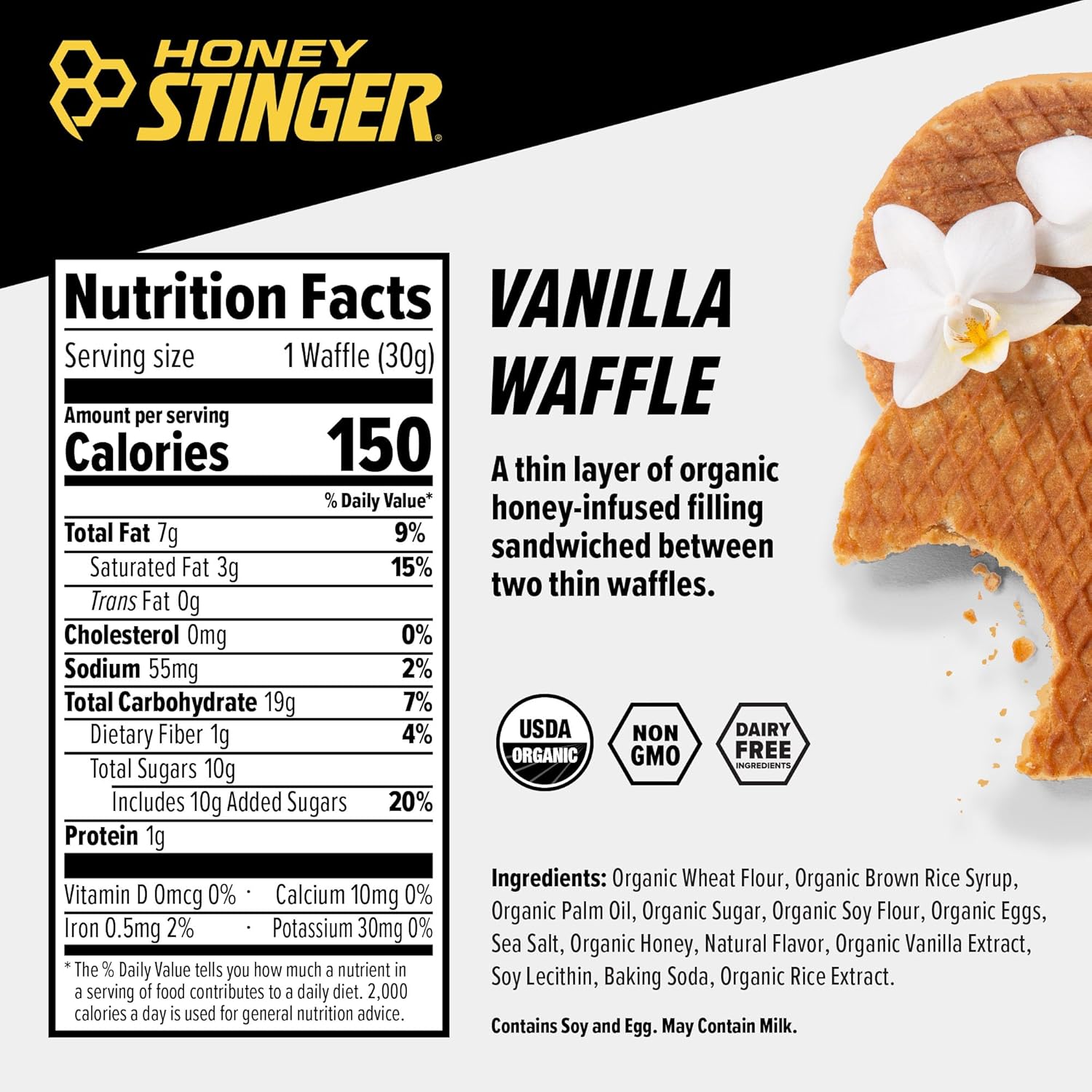 Honey Stinger Organic Energy Waffles, Vanilla, 1.06oz - 16ct