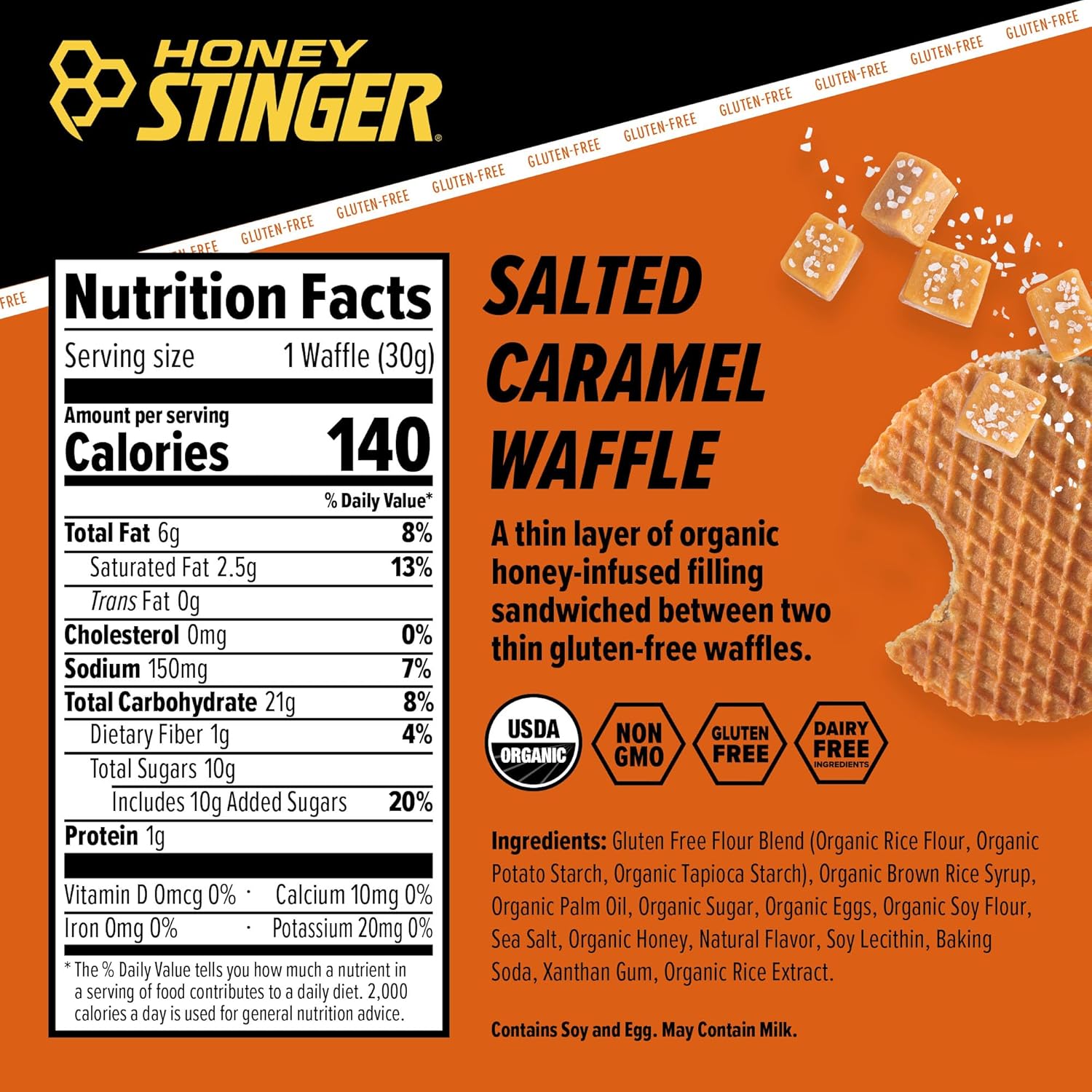Honey Stinger Organic Gluten-Free Energy Waffles, Salted Caramel, 1.06oz - 16ct