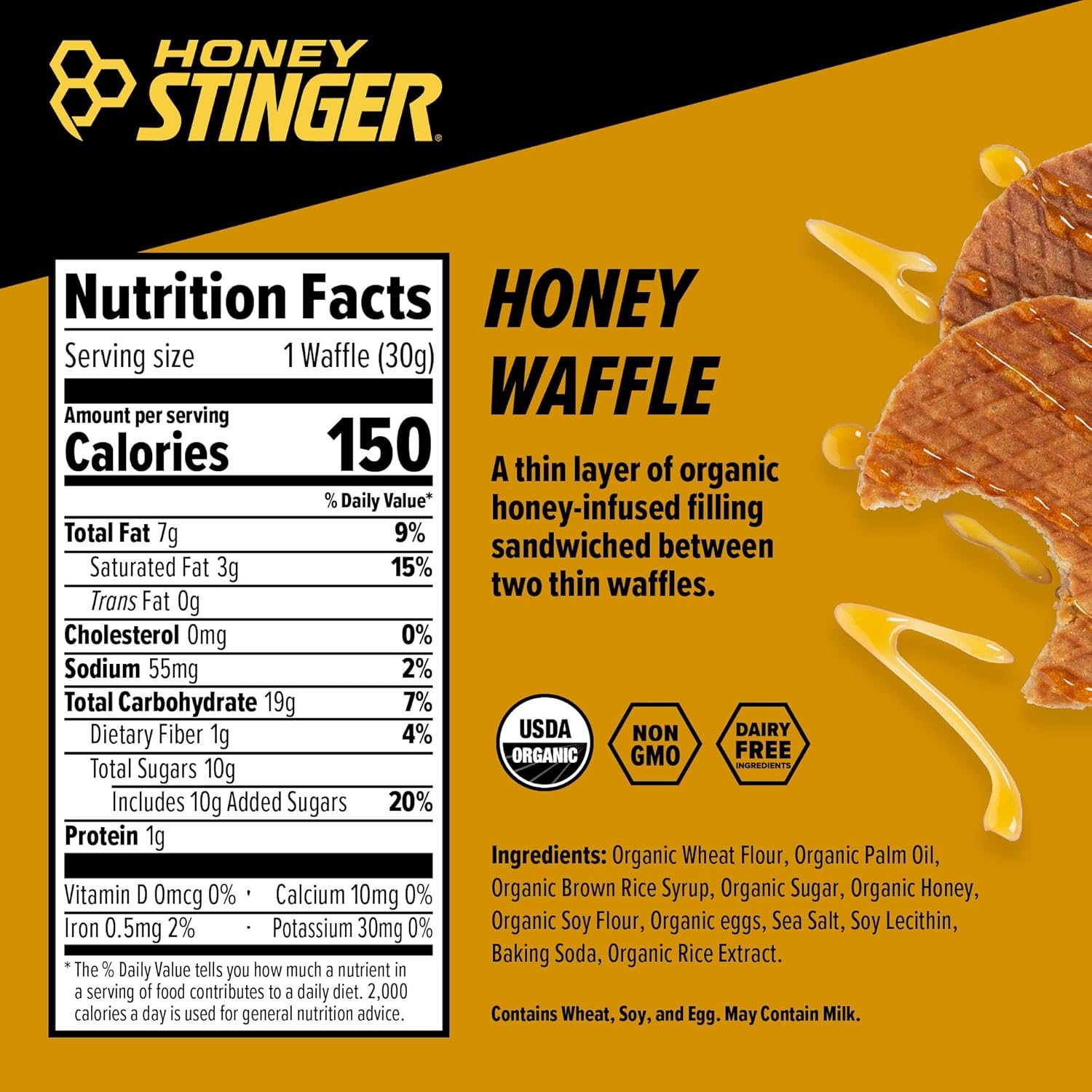 Honey Stinger Organic Energy Waffles, Honey, 1.06oz - 16ct