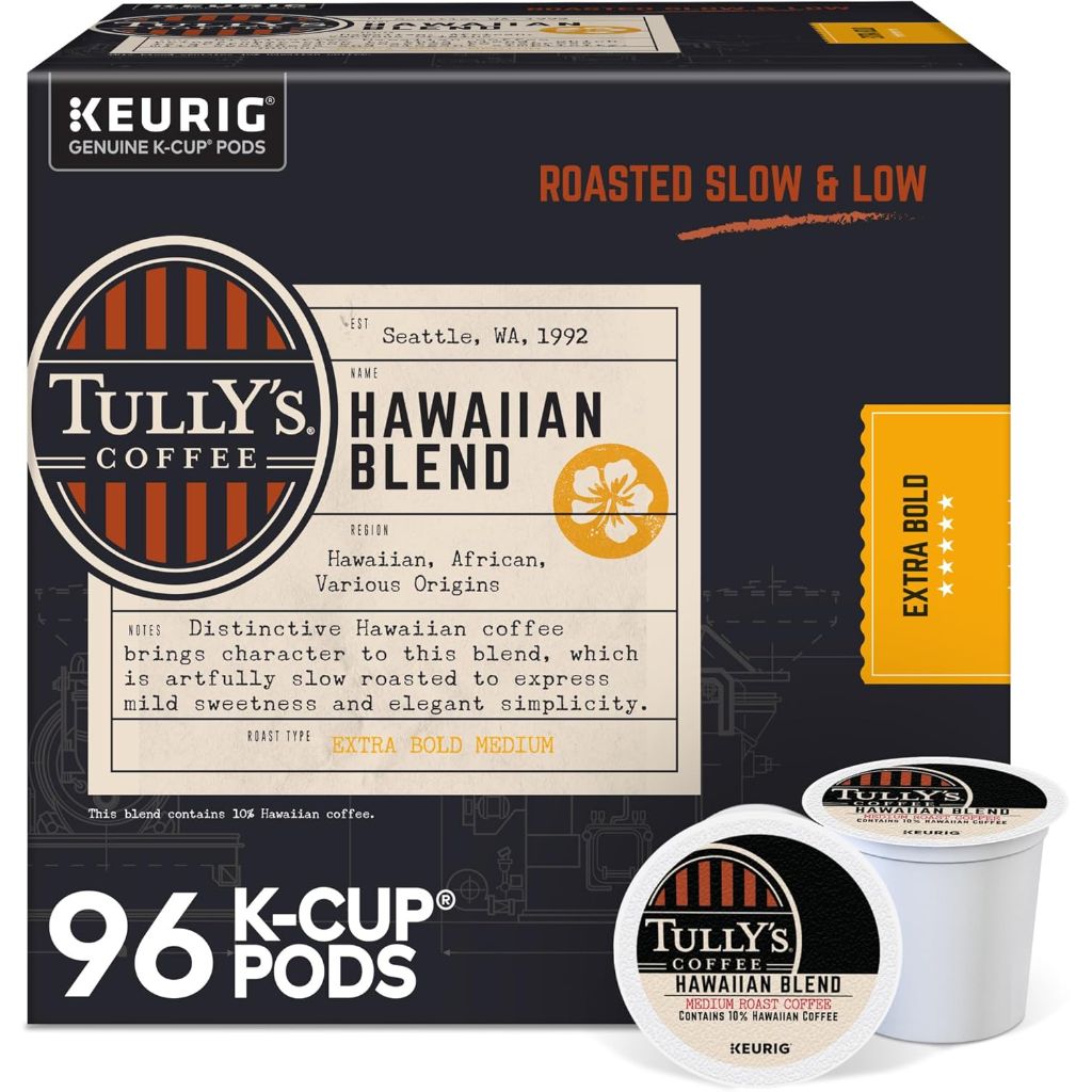 Tully's Coffee Hawaiian Blend Medium Roast Keurig K-Cup Coffee Pods, 96 Count