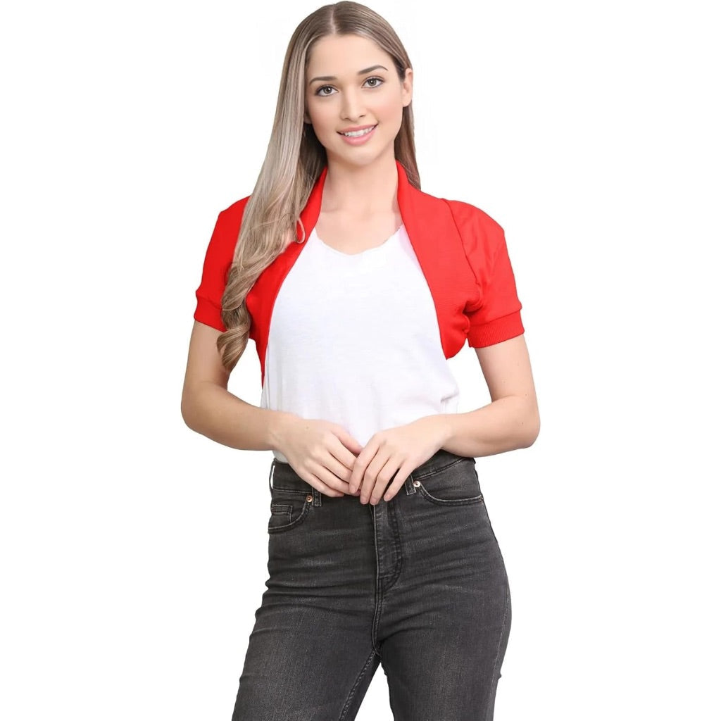 Women's Ribbed Short Sleeve Open Front Cropped Cardigan - Red, Size M