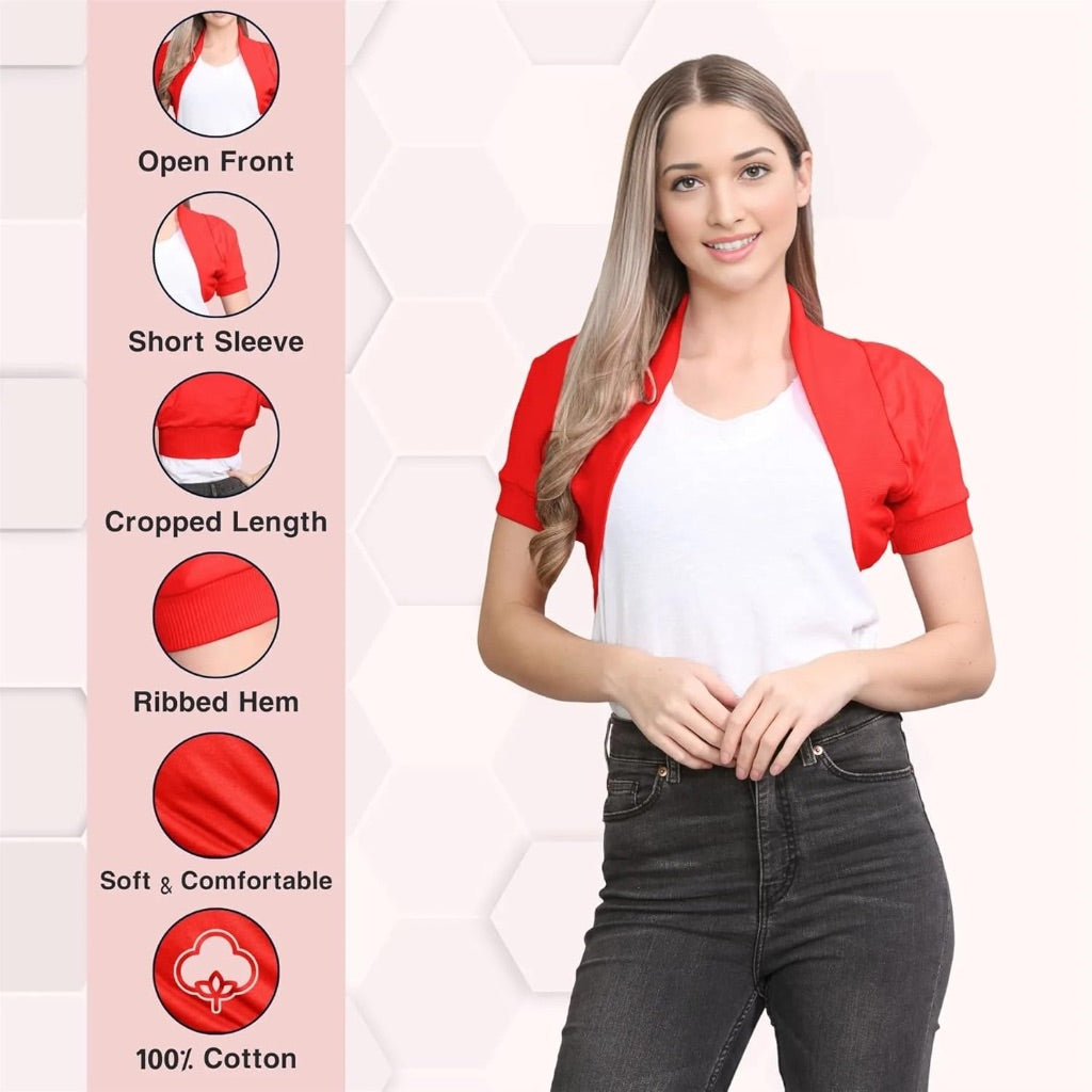 Women's Ribbed Short Sleeve Open Front Cropped Cardigan - Red, Size M