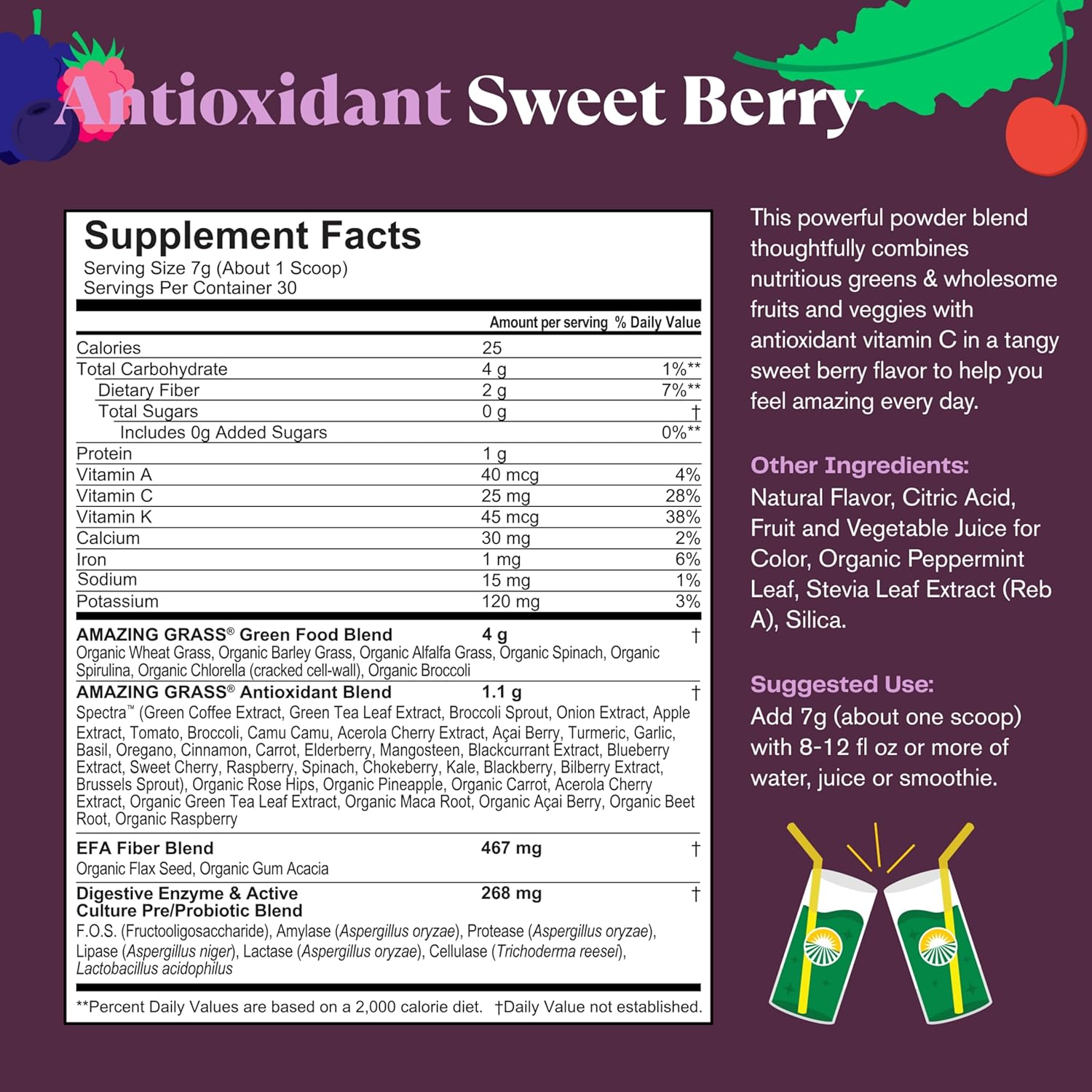 Amazing Grass Greens Blend Antioxidant Supplement Powder - Sweet Berry, 7.4 oz (2 Pack)