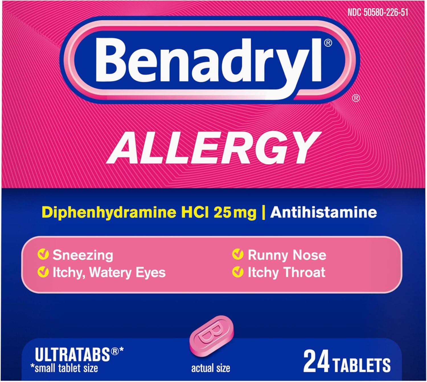 Benadryl Allergy Diphenhydramine 25mg Antihistamine Cold & Allergy Relief Tablets - 24ct