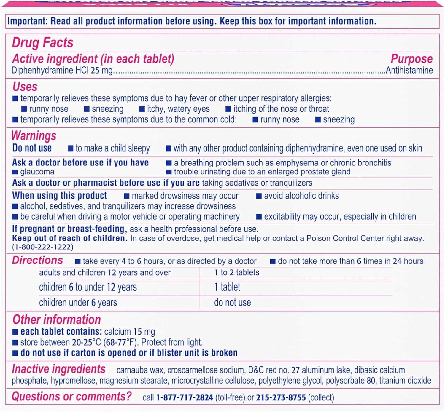 Benadryl Allergy Diphenhydramine 25mg Antihistamine Cold & Allergy Relief Tablets - 24ct
