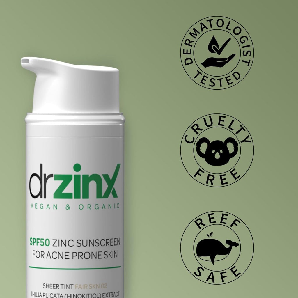 Dr ZinX Organic Sunscreen for Acne Prone Skin Fair Tint Zinc + Hinokitiol