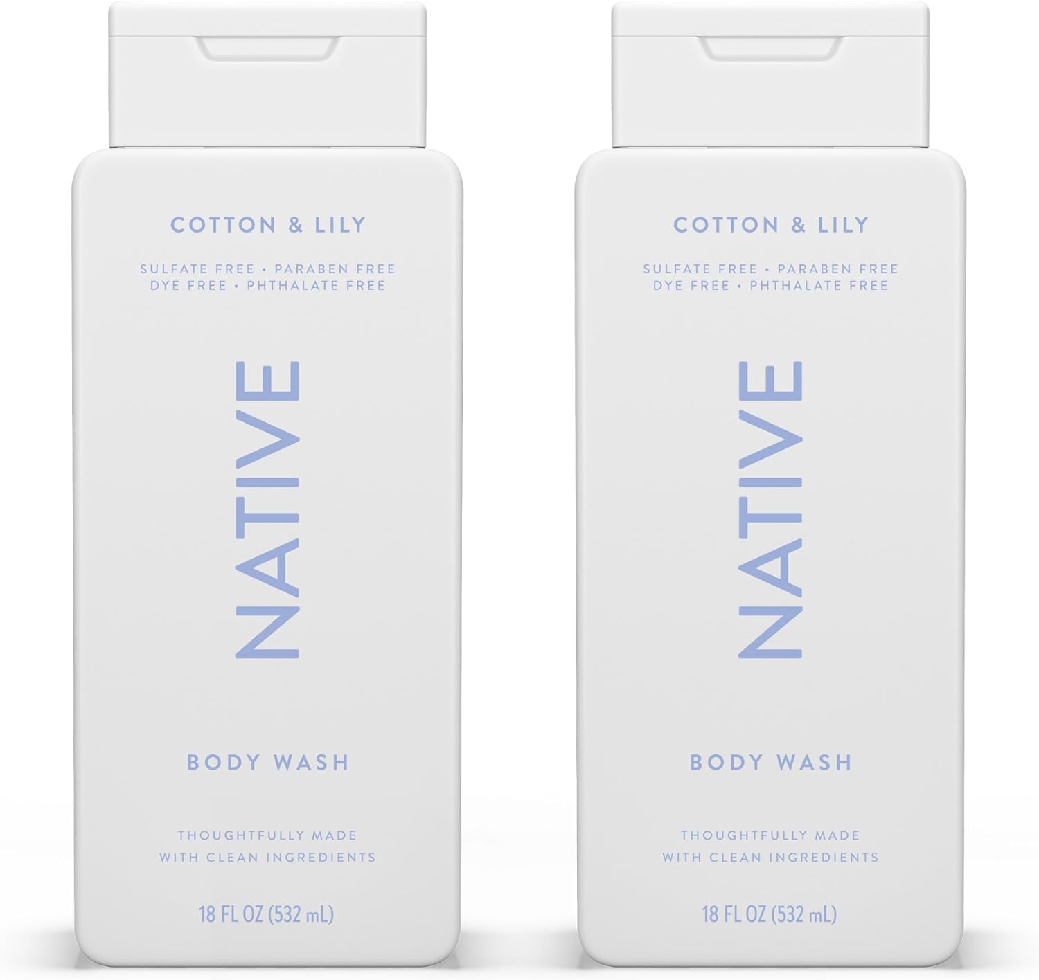 Native Body Wash with Naturally Derived Ingredients Sulfate, Paraben, & Dye Free - Cotton & Lily 18oz, 2 Pack