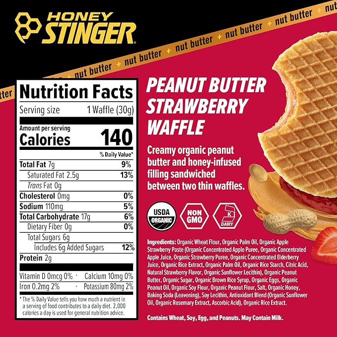 Honey Stinger Organic Energy Waffle Variety Pack, Peanut Butter, PB Chocolate, PB Strawberry - 18ct