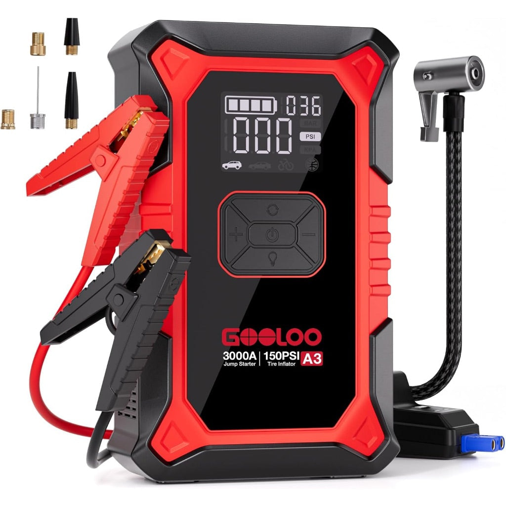GOOLOO A3 Jump Starter with Air Compressor, 3000A Portable Car Battery Booster (9.0 Gas/6.5L Diesel) with 150PSI Auto-Shutoff Tire Inflator, 12V Supersafe Lithium Jump Box Car Battery Jumper Starter
