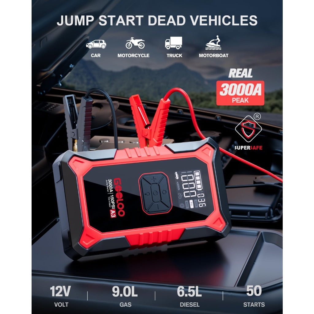 GOOLOO A3 Jump Starter with Air Compressor, 3000A Portable Car Battery Booster (9.0 Gas/6.5L Diesel) with 150PSI Auto-Shutoff Tire Inflator, 12V Supersafe Lithium Jump Box Car Battery Jumper Starter