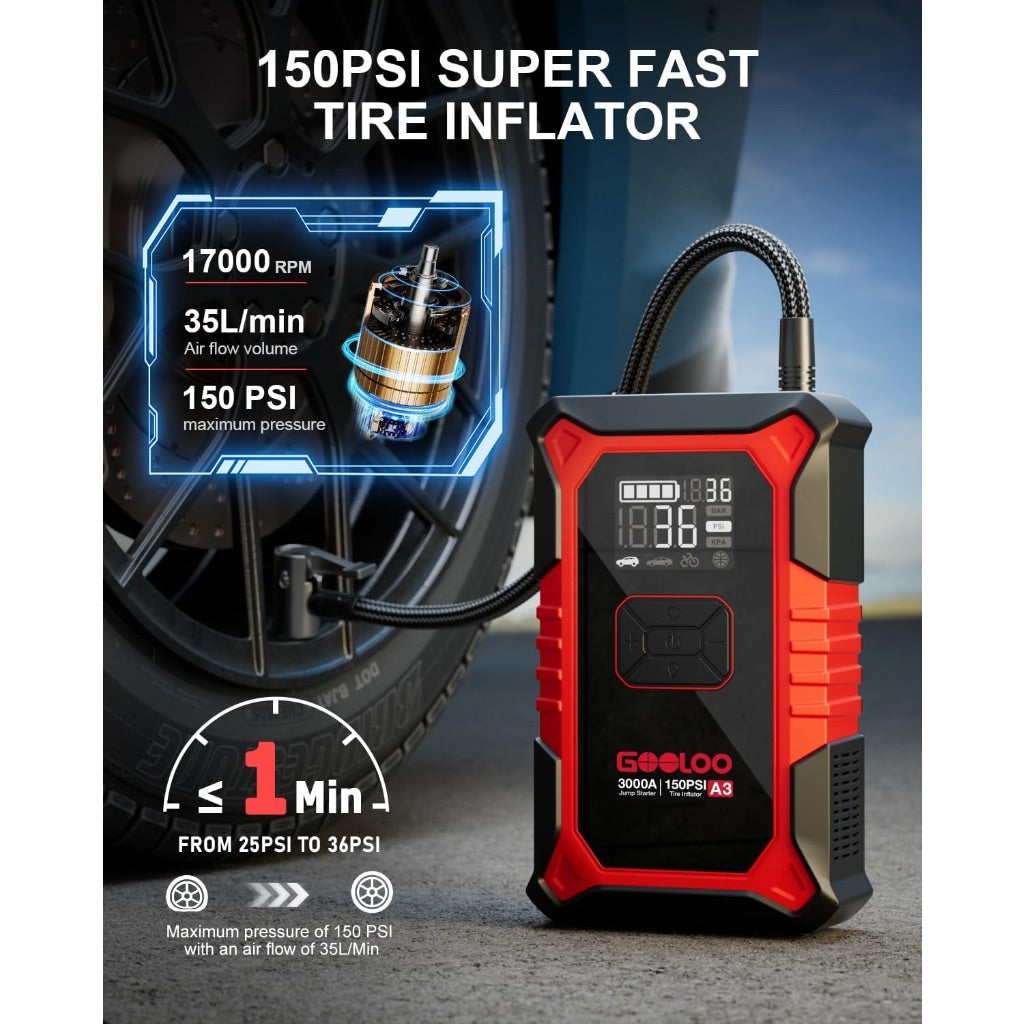 GOOLOO A3 Jump Starter with Air Compressor, 3000A Portable Car Battery Booster (9.0 Gas/6.5L Diesel) with 150PSI Auto-Shutoff Tire Inflator, 12V Supersafe Lithium Jump Box Car Battery Jumper Starter