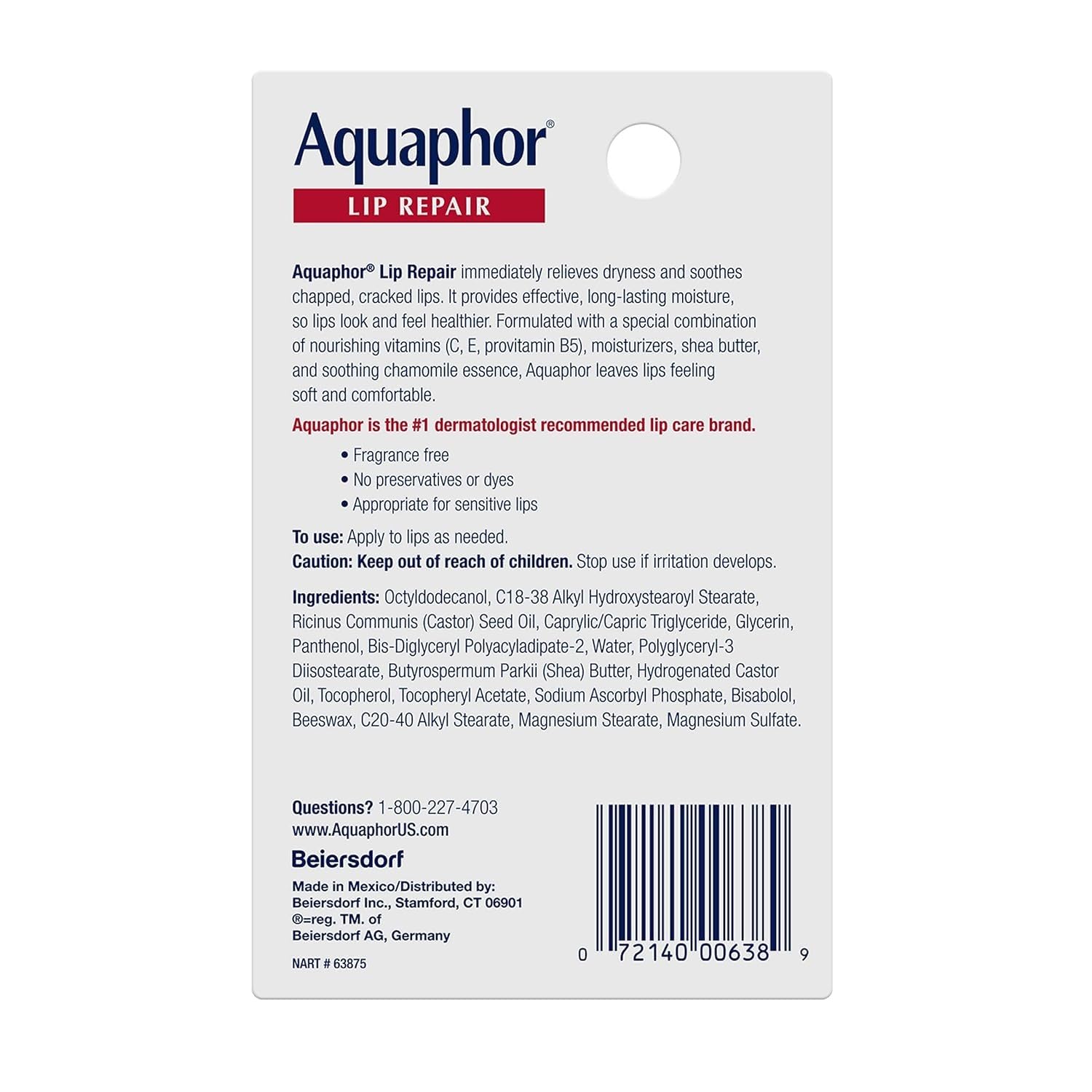 Aquaphor Lip Repair Immediate Relief Ointment for Dry, Chapped Lips with Shea Butter - 0.35 fl. oz.