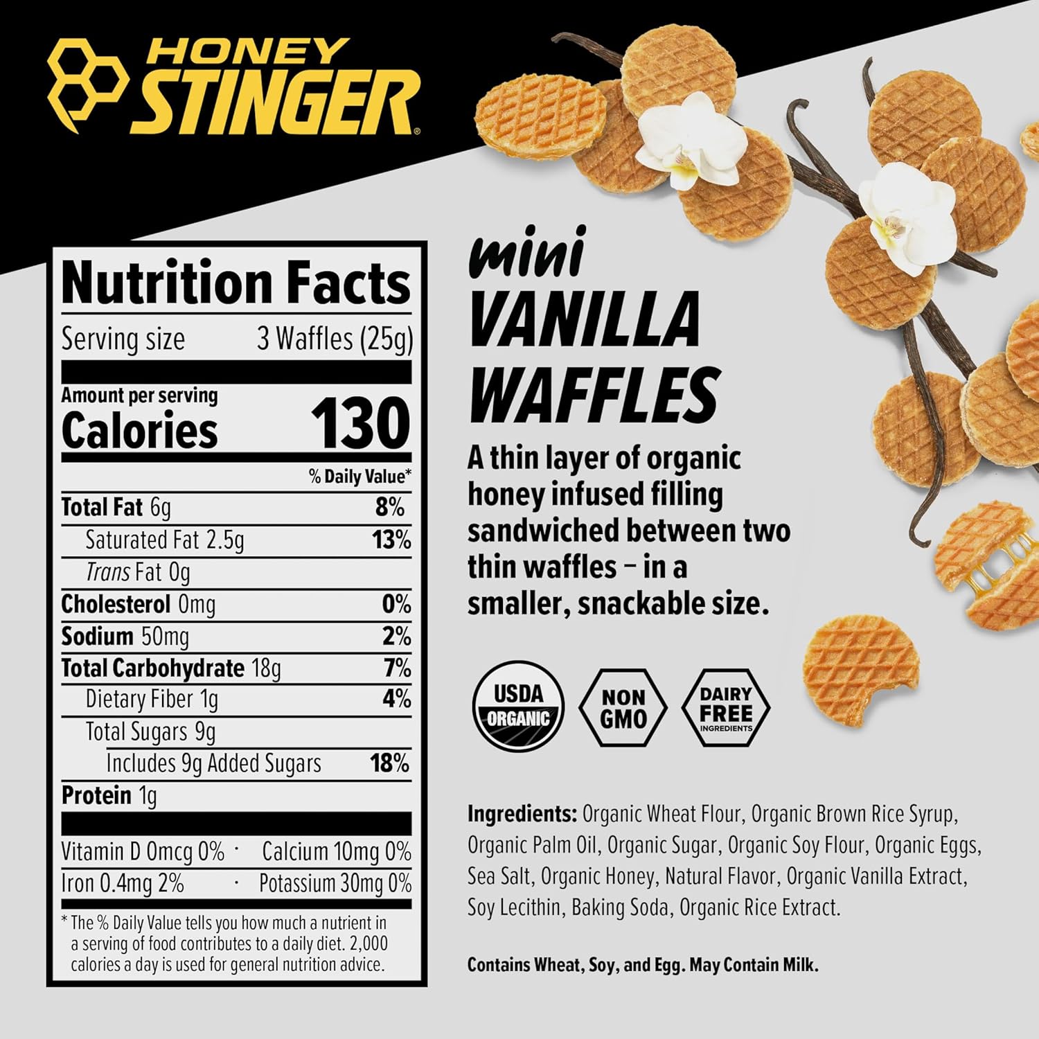 Honey Stinger Organic Mini Waffles, Vanilla, 1 Bag (3 Mini Waffles)