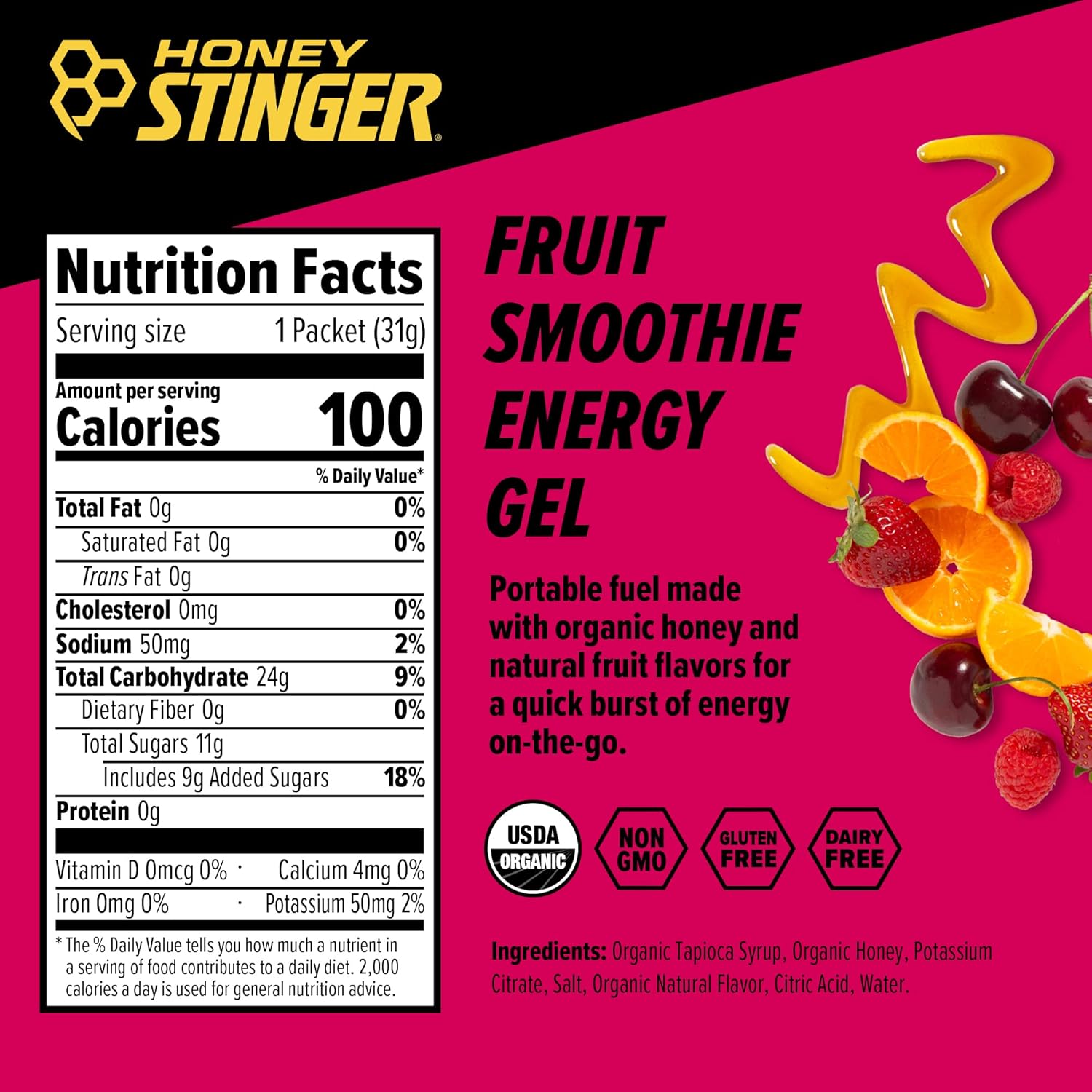 Honey Stinger Organic Energy Gels - Fruit Smoothie, 1.1oz (12ct)