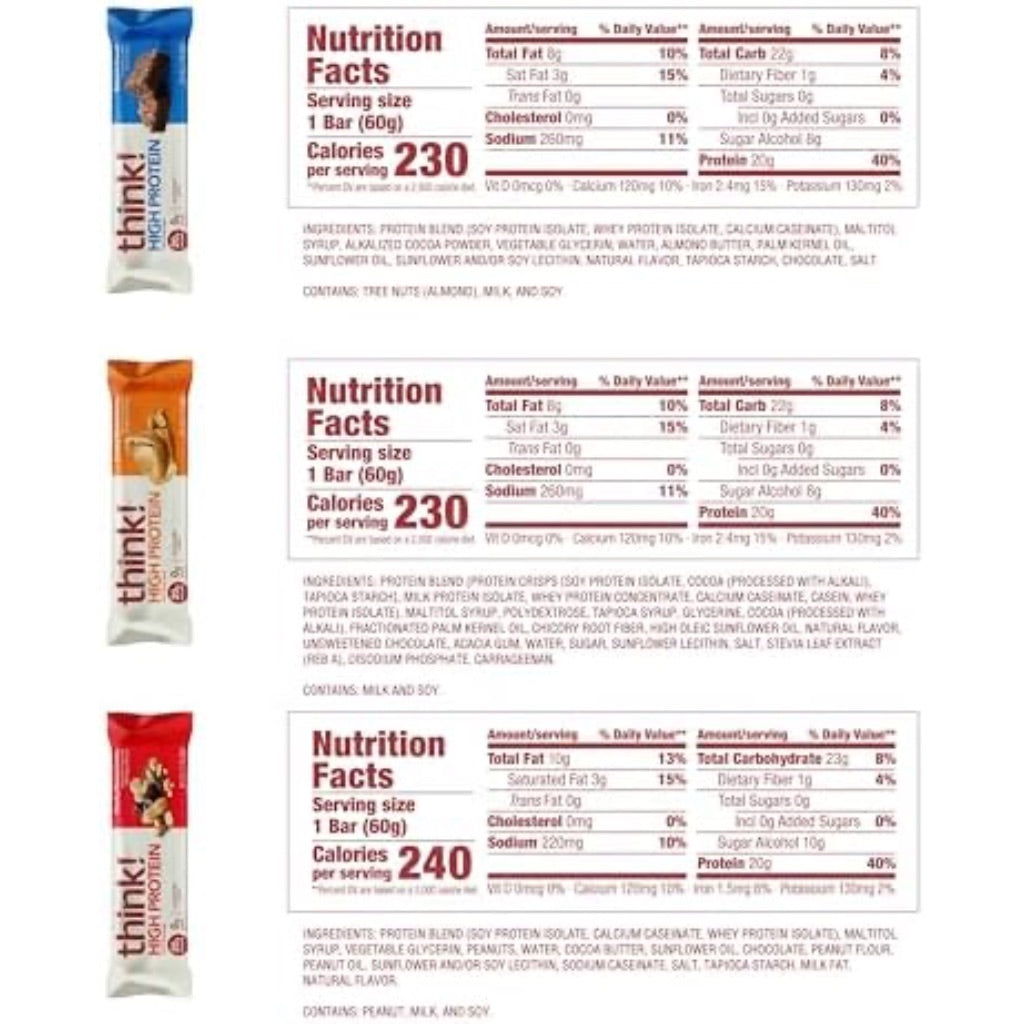 think! Protein Bars High Protein Nutrition Bars - Variety Pack, 2.1oz (12 Pack)