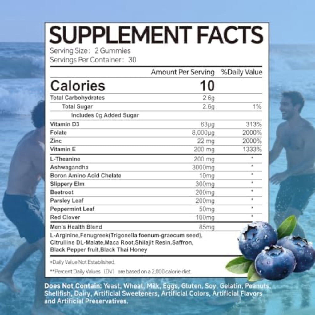 Men's Ashwagandha, L-Theanine Pheromone Gummies w/Honey, Zinc, & Vitamin D3 - Blue Raspberry, 60ct.