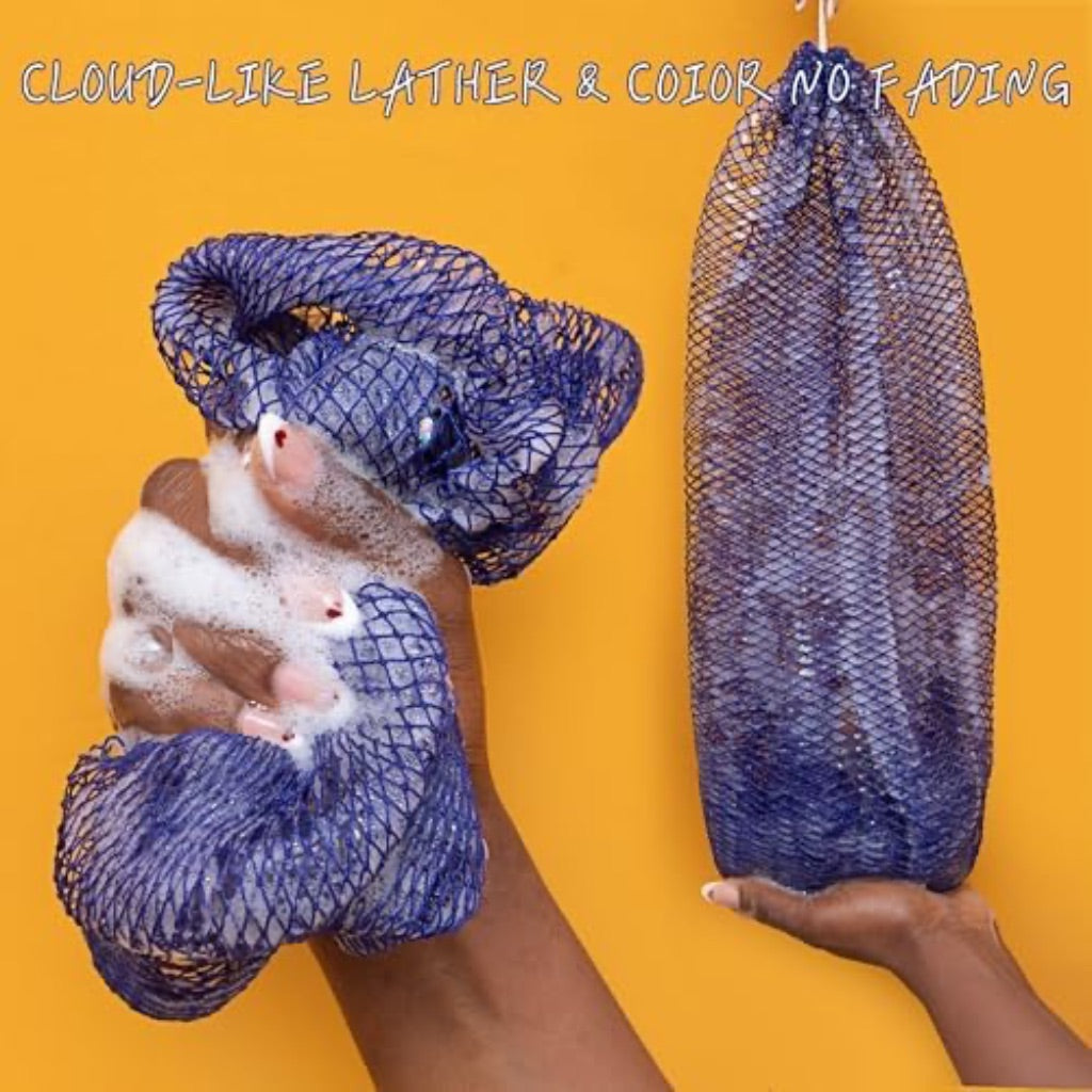 SubSahara African Net Sponge Authentic - 1 Pieces Gentle Exfoliation Scrubber for All Skin Types, Bath Sponge with Knots, Travel Portable (Dark Blue)