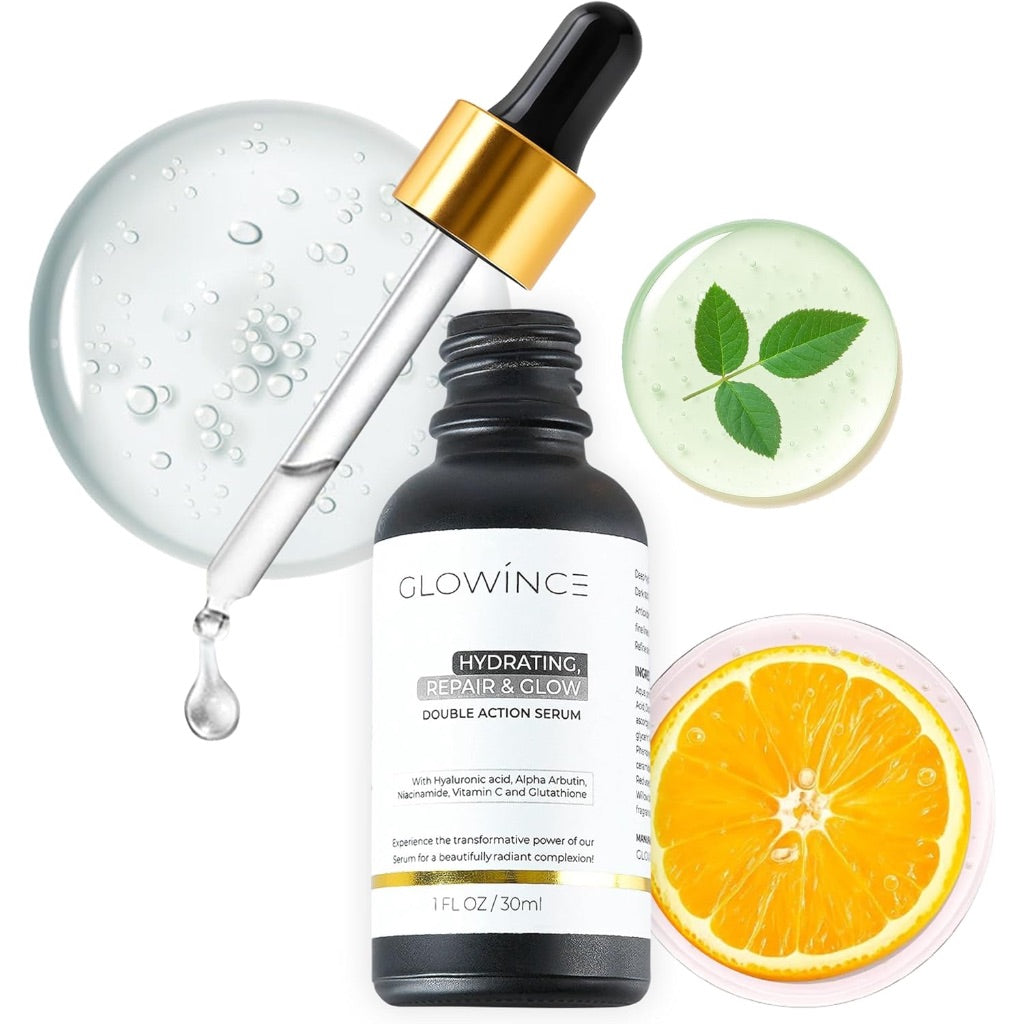 Glowince Hydrating Repair & Glow Double Action Face Serum with 10% Niacinamide + 5% Vitamin C (MAP), 1.5% HA & Glutathione – 1 fl. oz.