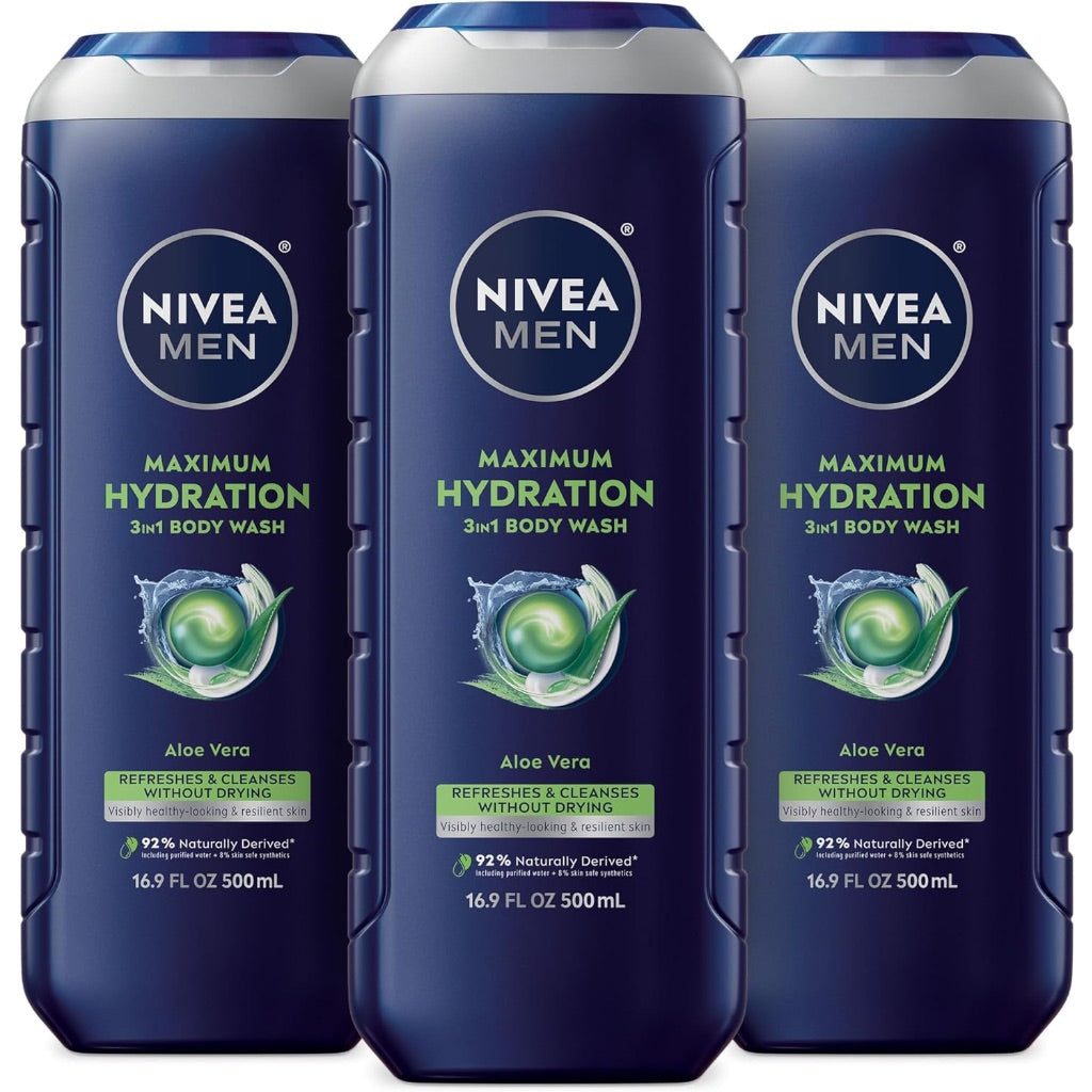 3 Pack Nivea Men Maximum Hydration Body Wash for Dry Skin, Aloe Vera Enriched, 3-in-1 Moisturizing Body Wash, Face and Hair, Paraben Free, Vegan Formula, 16.9 Fl Oz Bottle, Pack of 3