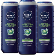 3 Pack Nivea Men Maximum Hydration Body Wash for Dry Skin, Aloe Vera Enriched, 3-in-1 Moisturizing Body Wash, Face and Hair, Paraben Free, Vegan Formula, 16.9 Fl Oz Bottle, Pack of 3