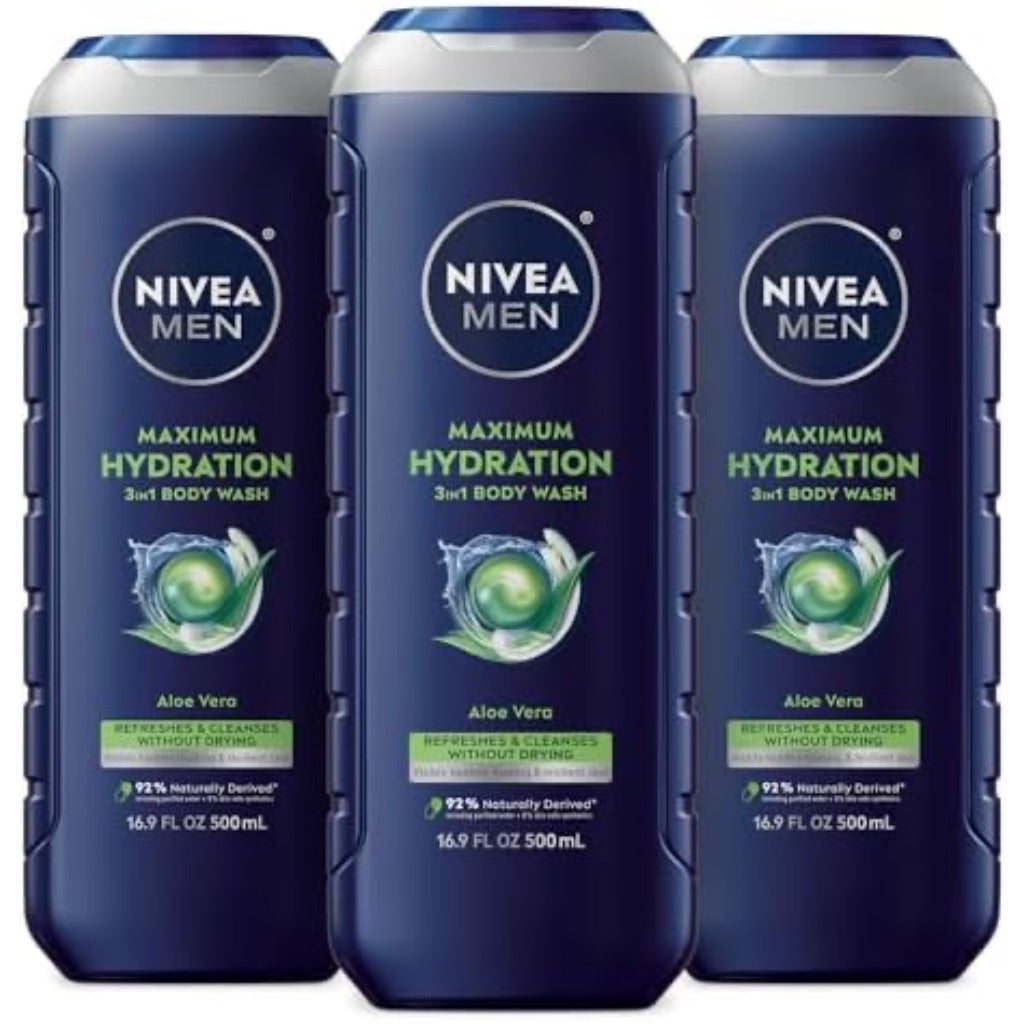 3 Pack Nivea Men Maximum Hydration Body Wash for Dry Skin, Aloe Vera Enriched, 3-in-1 Moisturizing Body Wash, Face and Hair, Paraben Free, Vegan Formula, 16.9 Fl Oz Bottle, Pack of 3
