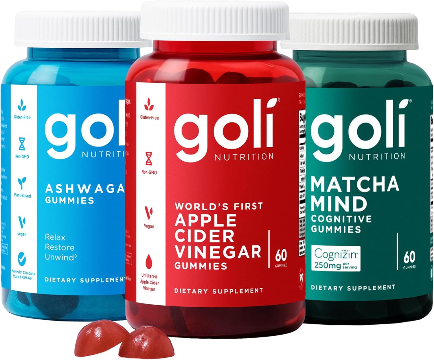 Goli Ashwagandha, Apple Cider Vinegar, and Matcha Mind Gummies - 60ct. (3 Pack, 180 Gummies Total)