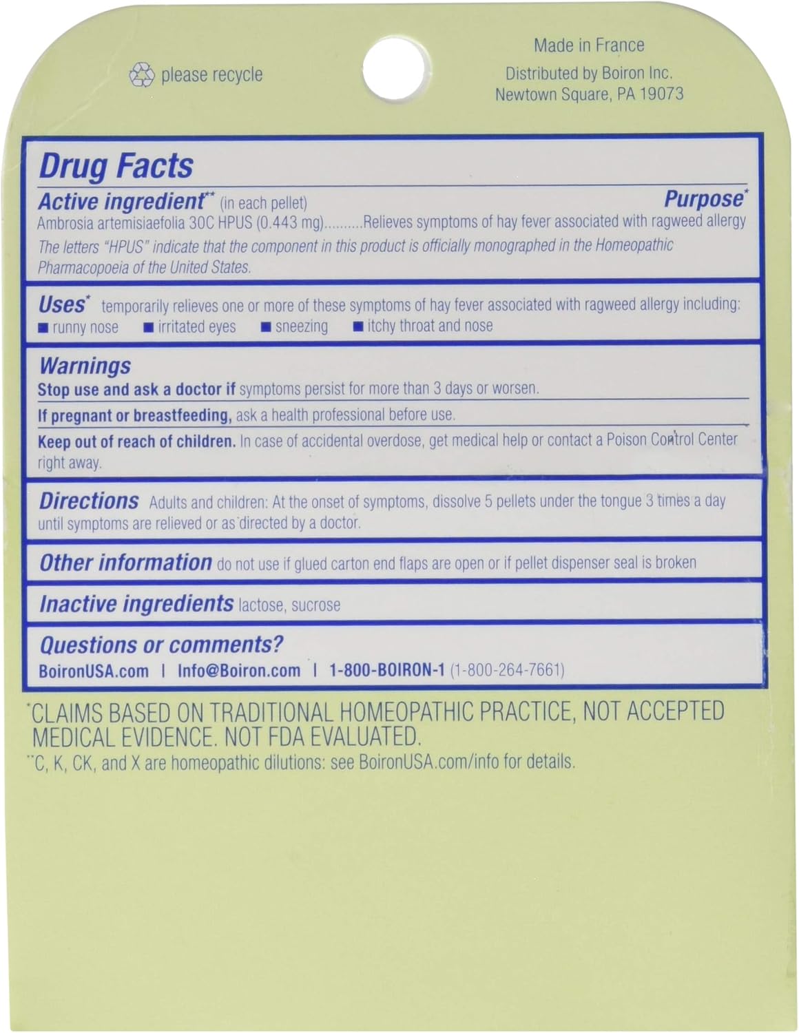 Boiron Ambrosia 30C Ragweed Allergy Relief Meltaway Pellets - 3 Tubes (240 Pellets Total)