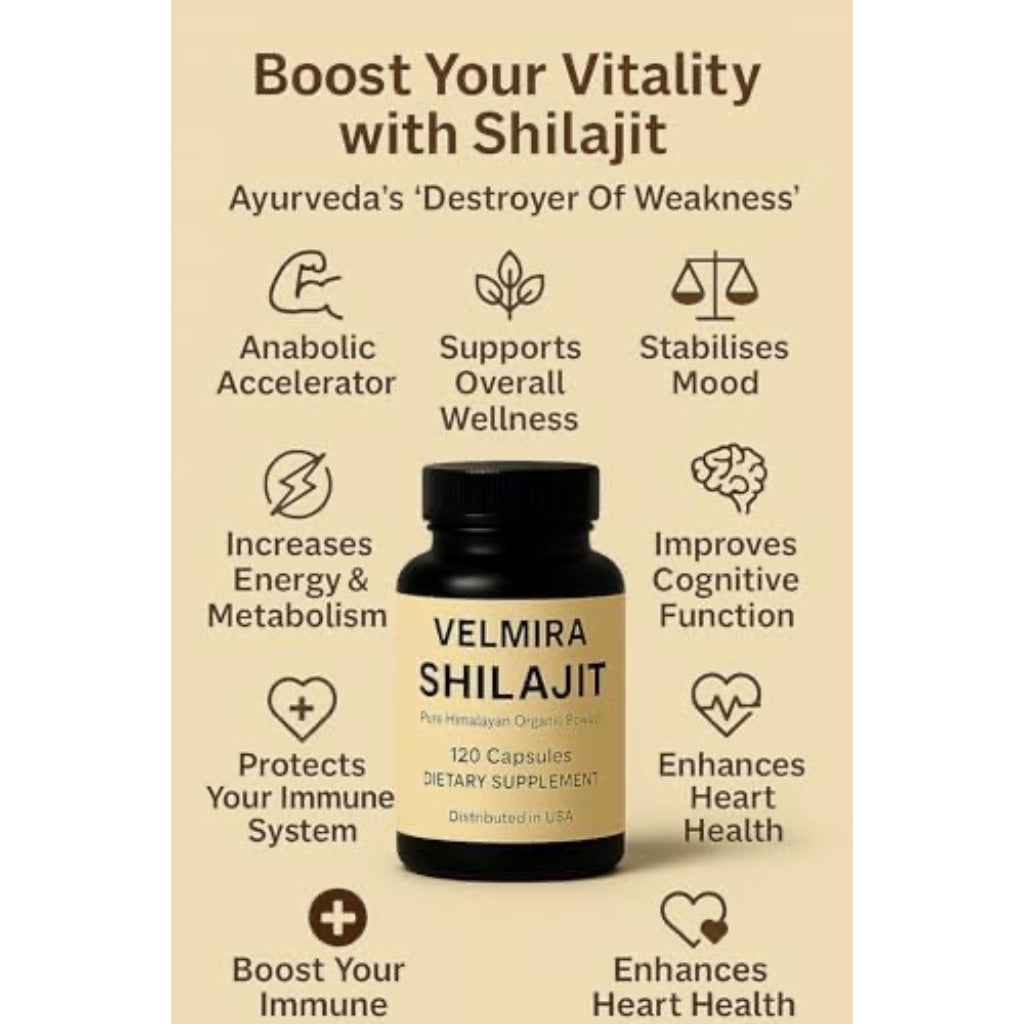 Velmira® Shilajit Himalayan Resin Powder 1000mg, Natural Shilajit for Men & Women 85+ , 120 Capsules | 2-Month Supply