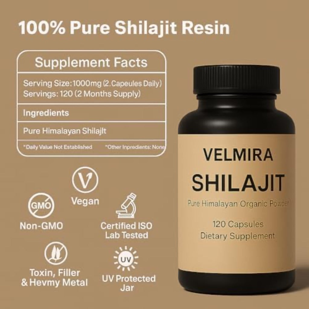 Velmira® Shilajit Himalayan Resin Powder 1000mg, Natural Shilajit for Men & Women 85+ , 120 Capsules | 2-Month Supply