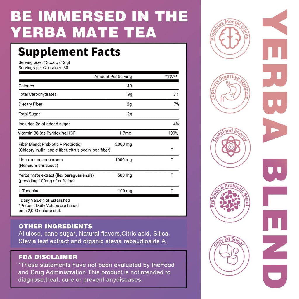 Yerba Mate Tea Instant Powder with Organic Prebiotics/Probiotics, Natural Ingredients - Strawberry Kiwi, 30 Servings