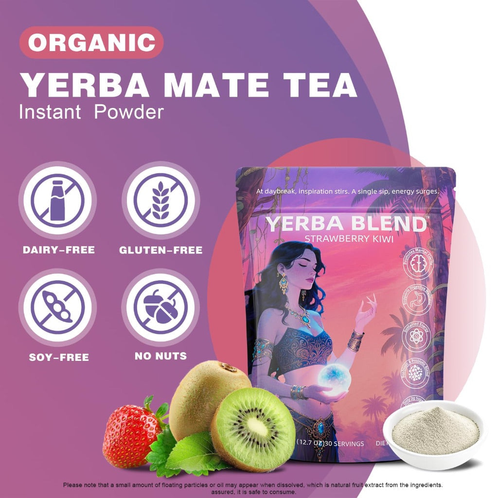 Yerba Mate Tea Instant Powder with Organic Prebiotics/Probiotics, Natural Ingredients - Strawberry Kiwi, 30 Servings