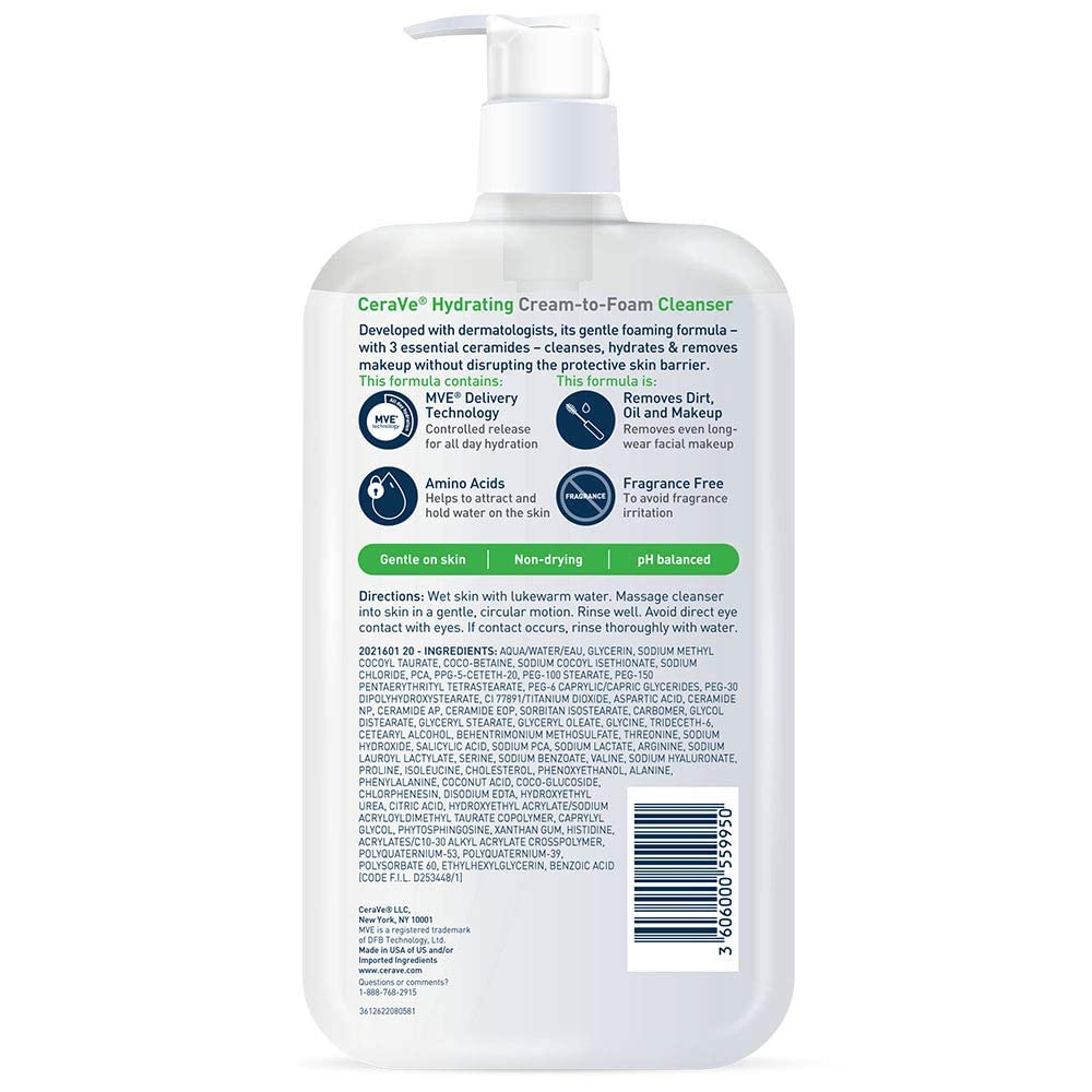 CeraVe Hydrating Cream-to-Foam Cleanser and Makeup Remover for Normal to Dry Skin, Fragrance Free - 19 fl. oz.