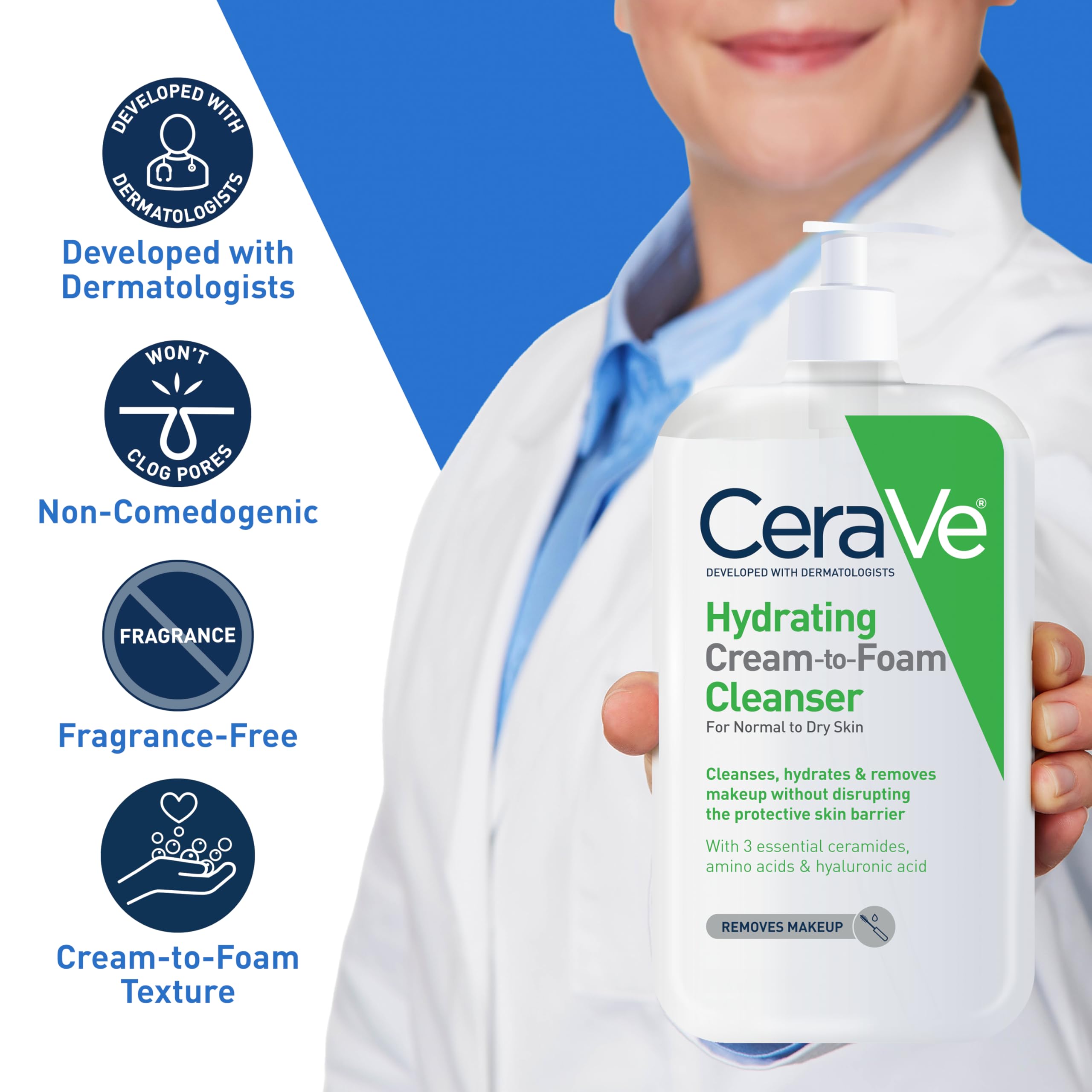 CeraVe Hydrating Cream-to-Foam Cleanser and Makeup Remover for Normal to Dry Skin, Fragrance Free - 19 fl. oz.