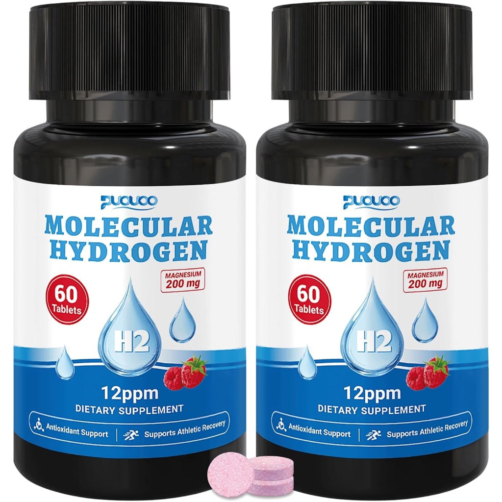 Molecular Hydrogen Water Tablets with Magnesium, 12 PPM H₂ Tablets - Raspberry Flavor, 60ct (2 Pack)