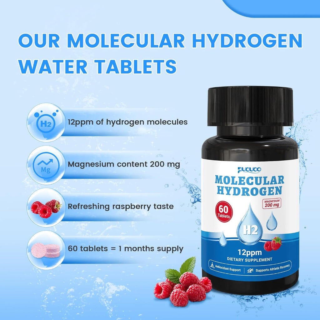 Molecular Hydrogen Water Tablets with Magnesium, 12 PPM H₂ Tablets - Raspberry Flavor, 60ct (2 Pack)