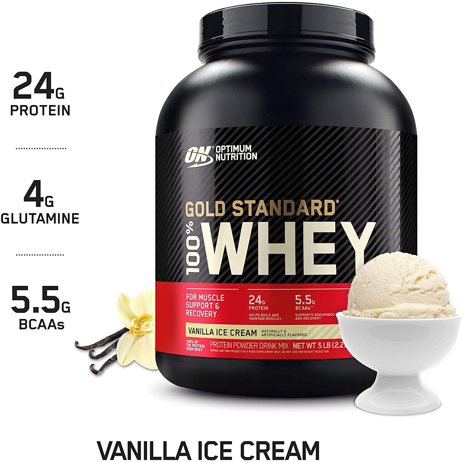 Optimum Nutrition Gold Standard 100% Whey Protein Powder - Vanilla Ice Cream,  5lb.