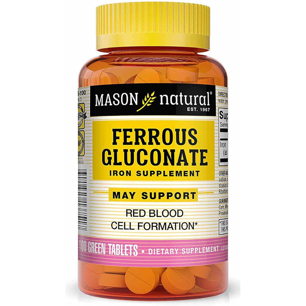 Mason Natural Ferrous Gluconate - Supports Red Blood Cell Formation, Gentle on Stomach Iron Supplement, 100 Tablets
