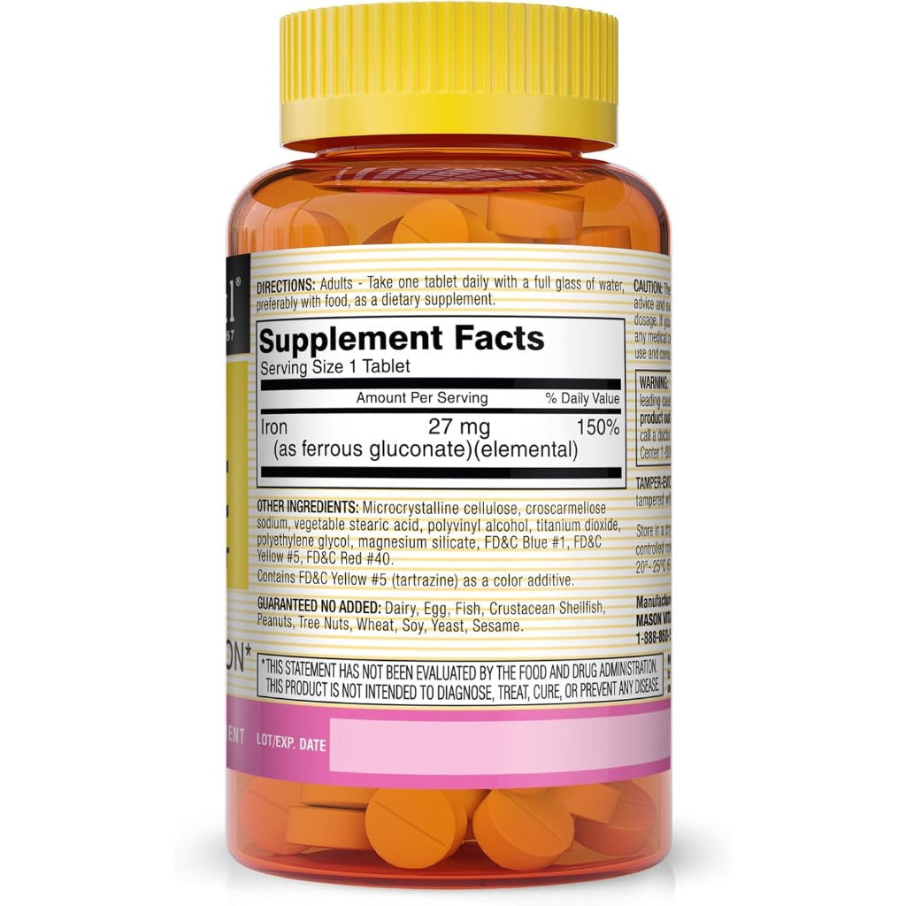 Mason Natural Ferrous Gluconate - Supports Red Blood Cell Formation, Gentle on Stomach Iron Supplement, 100 Tablets