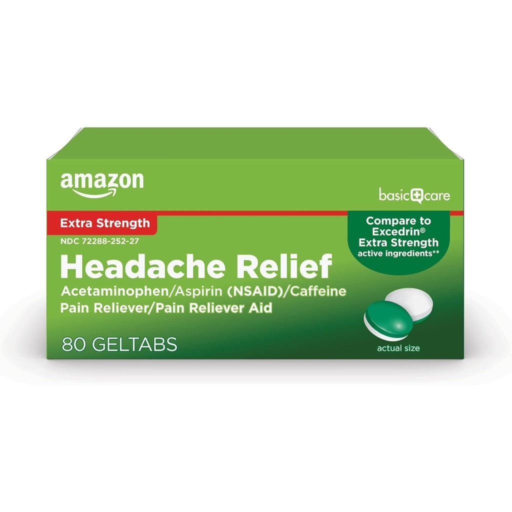 Amazon Basic Care Extra Strength Headache Relief, Acetaminophen/Aspirin/Caffeine - 80 Geltabs Geltabs, 80 Count