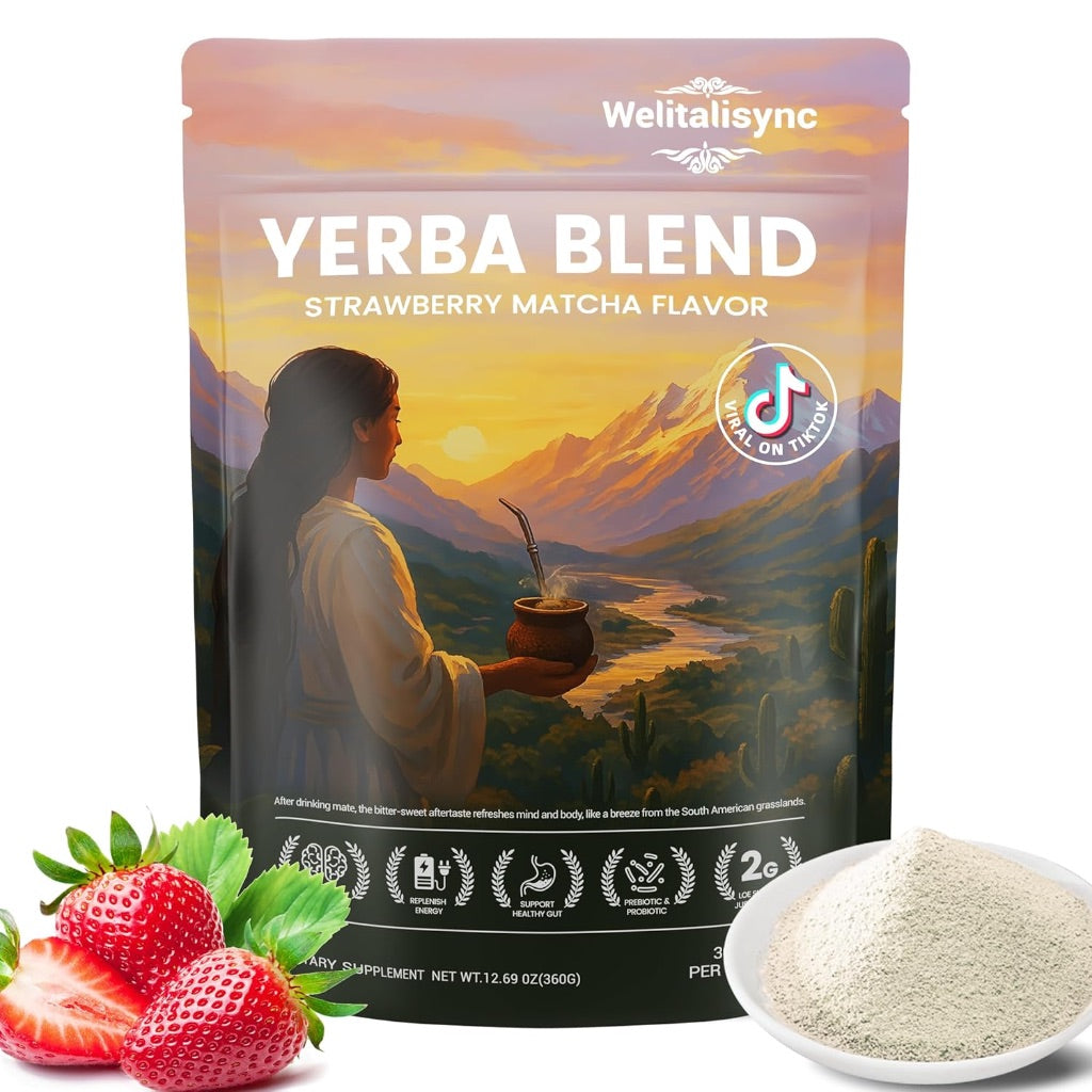 Yerba Mate Tea Instant Powder with Organic Prebiotics/Probiotics, Natural Ingredients - Strawberry Matcha, 30 Servings