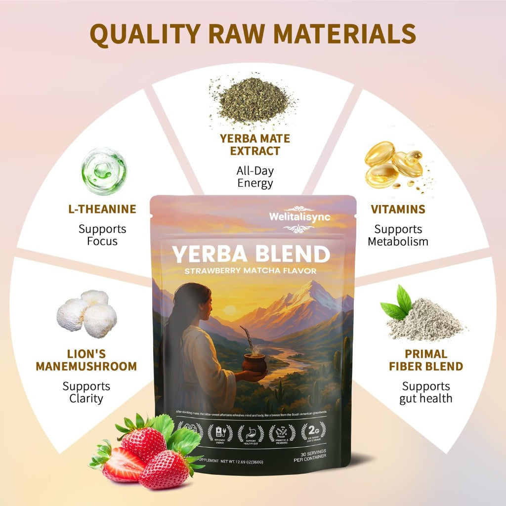 Yerba Mate Tea Instant Powder with Organic Prebiotics/Probiotics, Natural Ingredients - Strawberry Matcha, 30 Servings